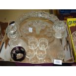 A quantity of glass including Waterford cut glass decanter, spiral twist glasses, wine glasses,