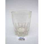 A Victorian whisky tumbler with ribbed base and engraved inscription "Eve McRoberts, Feathers,