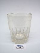 A Victorian whisky tumbler with ribbed base and engraved inscription "Eve McRoberts, Feathers,