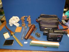 A quantity of miscellanea to include a leather and glass flask, two wooden Golf figures,
