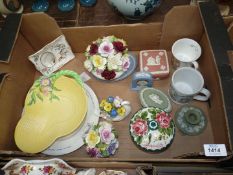 A quantity of china including Wedgwood Jasperware in pink, green and blue, Carltonware dish,