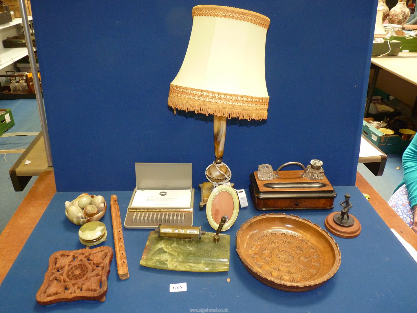 A quantity of Treen and Onyx items including Standish, plaques, table lamp, eggs etc. - Image 2 of 3