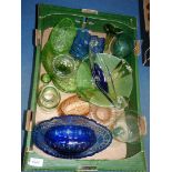 A quantity of coloured glass including dishes, vases and glasses in Bristol blue,