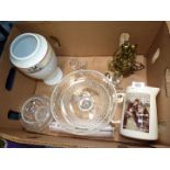 A quantity of glass to include decanter stoppers, rose bowl, green liqueur set, specimen vase,