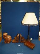 A quantity of treen including bookends, small storage box and cat figure plus a tall,