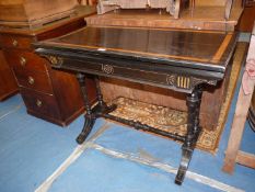 A burrwood banded ebonised flap-over Card Table having a green baize top,