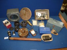 A qty of photographic and other miscellanea including a screw fitting Carl Zeiss Jena Tessar 50mm