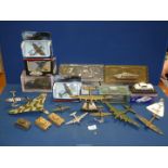 A quantity of model metal military aircraft and ships including Hawker Hurricane, Avro Lancaster,