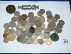 A quantity of decimal 5p's and pre-decimal 1/- coins plus a policeman's whistle by J.