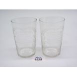 Two glass tumblers from The Fine Arts Exhibition at Cardiff in 1896.