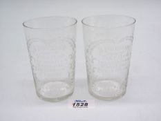Two glass tumblers from The Fine Arts Exhibition at Cardiff in 1896.