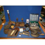 A quantity of dressing table items including mirrors, brushes, clock, two Bakelite candlesticks,