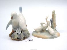 A Royal Copenhagen figure of Lovebirds and a Nao ornament of four geese