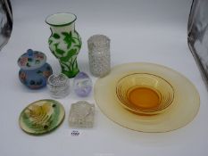 A small quantity of glass including amber glass shallow dish, Tudor crystal mini rose bowl,