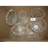 A box of cut glass vases, jelly moulds etc.