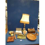 A quantity of Treen and Onyx items including Standish, plaques, table lamp, eggs etc.