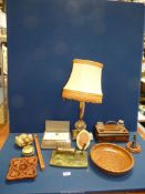 A quantity of Treen and Onyx items including Standish, plaques, table lamp, eggs etc.