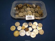 A tub of foreign coins, coins from Portugal, Turkey and Denmark etc.