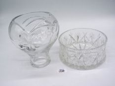 A cut glass Webb Corbett bowl, 7 1/2" diameter x 3 1/2" deep and a cut glass vase, 8" tall.