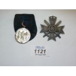 Two Medals, German WWII long service medal and World War II Merit Cross 1939.