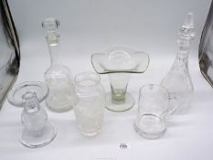A quantity of glass including decanters, Stuart sunflower etched vase,