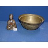 A 20th century Japanese brass Bowl having dragon decoration to sides together with a contemporary