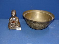 A 20th century Japanese brass Bowl having dragon decoration to sides together with a contemporary
