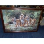 A large framed Print of three Tiger cubs by Silvia Duran, (small crack to glass), 33" x 22 3/4".