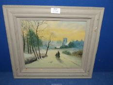 A painted framed Oil on canvas depicting a Winter Landscape with Mother and Daughter walking