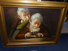 A framed Oil on board of two men playing cards, by Osso, signed lower left.
