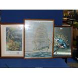 Three Prints - Kingfisher by P. Sturgess, Tall Ship by Don Vaughan and a Monet print.