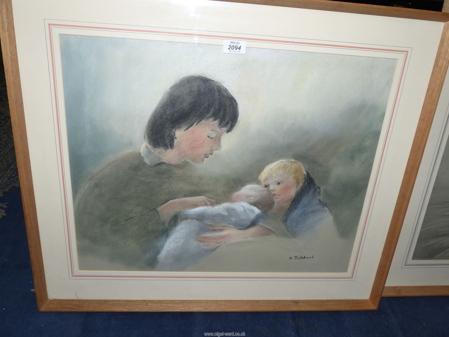 Two framed and mounted Ann Thistlewaite pastel drawings to include Mother and her two children and - Image 2 of 5