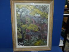 A framed Oil on board depicting a Red brick Victorian house accompanied by a photo of the artist