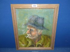 A wooden framed Oil on board depicting a Gentleman smoking a cigarette, signed lower left H.W.