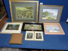 A quantity of pictures including a watercolour of a religious building by the coast,