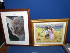 A Charcoal picture of a cat, signed Jan Lloyd, along with an acrylic painting titled,