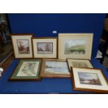 A box of pictures including three watercolours(one of a seascape, Looe, signed Jaq),