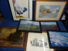 A quantity of pictures to include Oil on canvas of a River scene, chickens, etc.