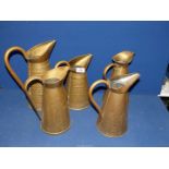 Five brass water jugs/pitchers, two being marked "R. Penny and Son and Co.