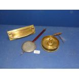 Several brass collectable items including Trench Art, letter box, etc. in wicker work bowl.
