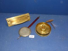 Several brass collectable items including Trench Art, letter box, etc. in wicker work bowl.