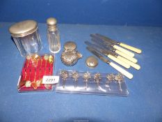 Six silver collared butter knives, set of cheese markers, ornamental coffee spoons etc.