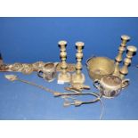 A quantity of brass to include candlesticks, brass toasting fork,