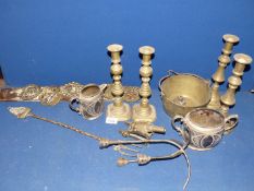 A quantity of brass to include candlesticks, brass toasting fork,