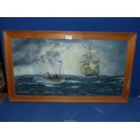 A pine framed Oil on canvas depicting Maritime scene, signed Bruce Cook, a/f., 33" x 19".