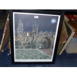 A framed Print of a religious building with a figure in a lit window, gentleman in the grounds,