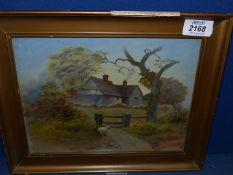 A framed Oil painting depicting a farmstead with sheep and lamb, signed lower right J.