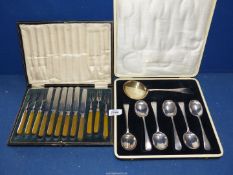 A set of plated dessert knives and forks and a set of fruit spoons with server,both boxed.