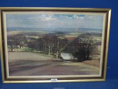 A framed Rowland Hilder Print on board depicting a rural landscape, 24 3/4'' x 17 1/2''.
