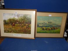 A framed Lithograph depicting Horse Racing and a hunting print 'Lugg meadows' by Brian Hatton.